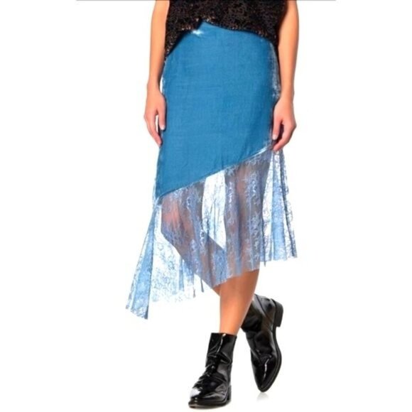 Free People ✦ My Lacey Velvet Midi Skirt ✦ Blue Asymmetrical Lace Hem Side Zip - Picture 13 of 16